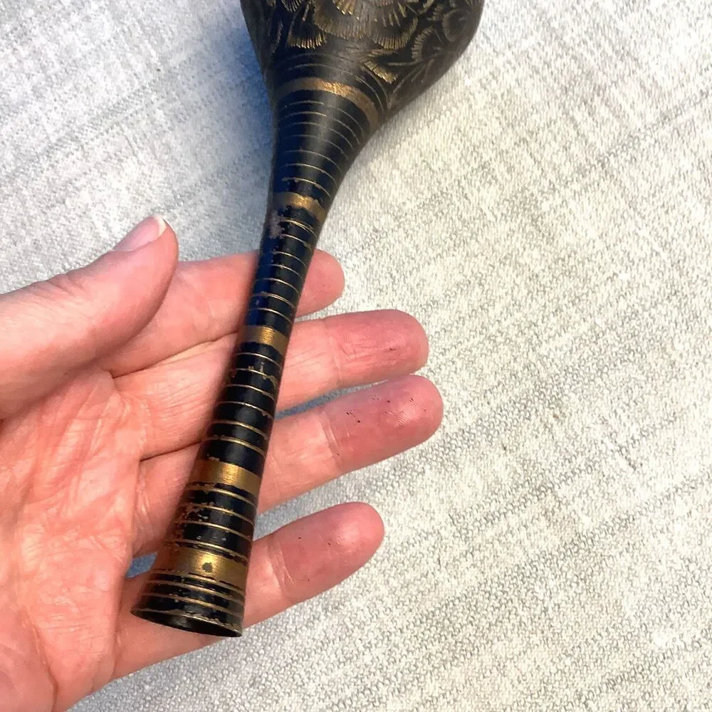 Vintage India Vase Floral Black Metal Gold Tone MCM 7.5 ” Engraved Boho Decor